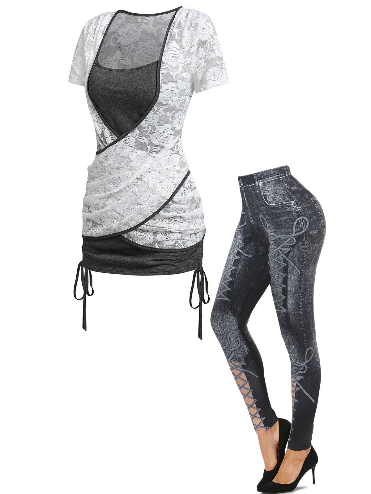 Flowered Lace Crossover Cinched Cami Tops Two Piece Set And High Waisted Lace-up 3D Print Skinny Jeggings Outfit - GRAY S