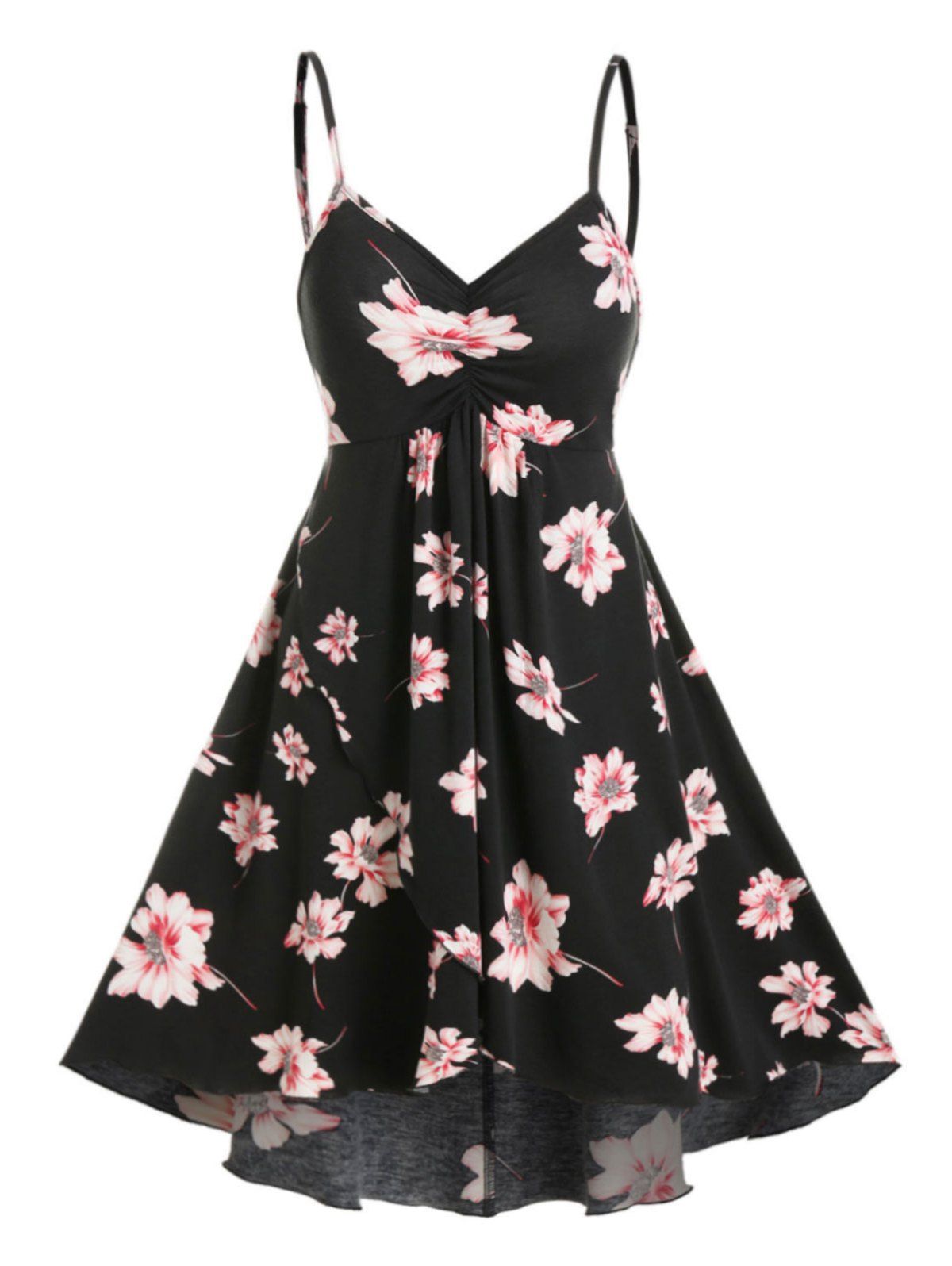 Plus Size Vacation Knee Length Cami Dress Floral Print V Neck High Waist High Low Summer Dress - BLACK 2X