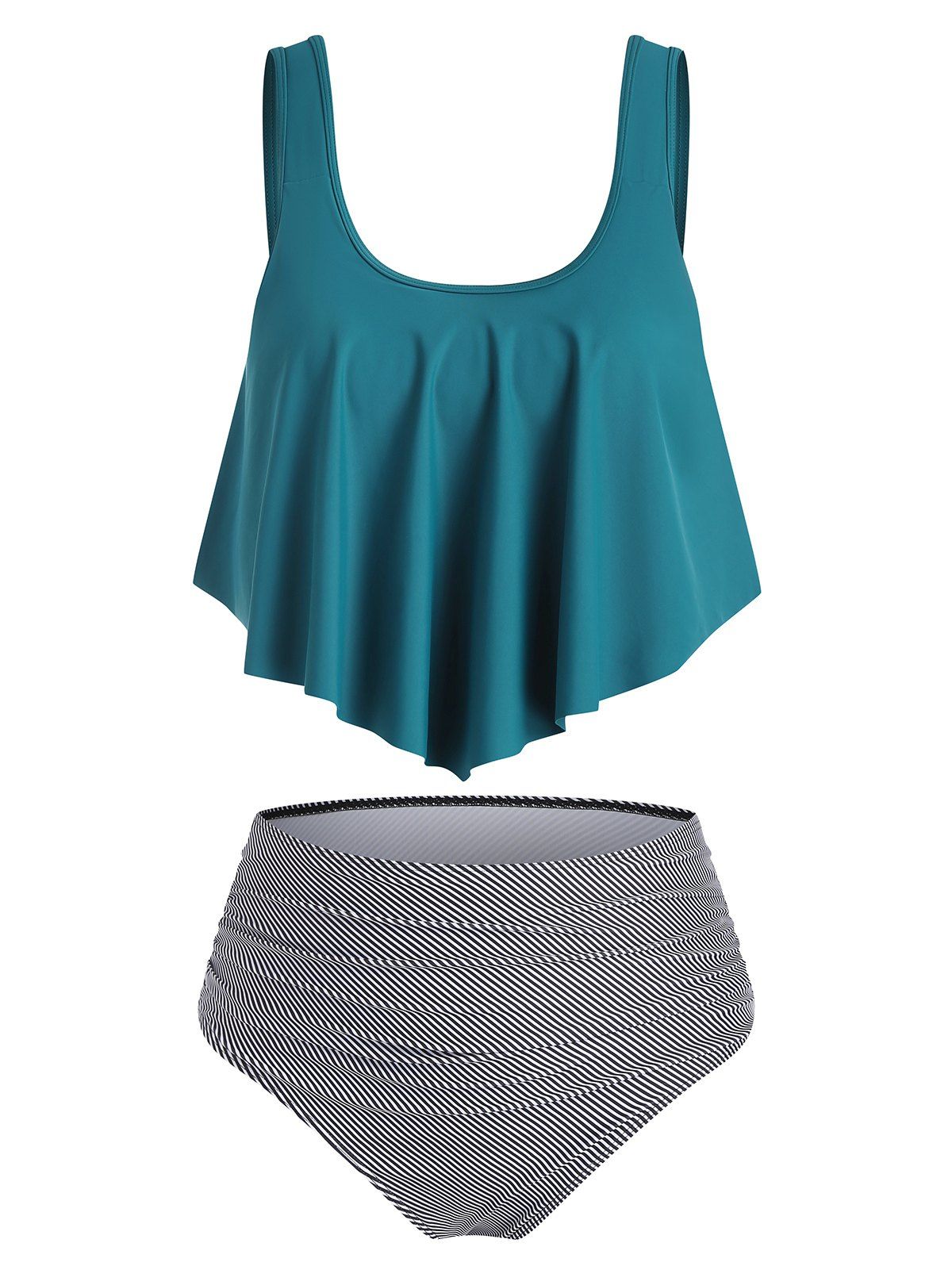 Plus Size Tummy Control Swimsuit Flounce Hem Striped Tankini Swimwear - DEEP GREEN 4X