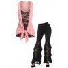 Flower Lace Panel Bowknot Heathered Tank Top And High Waist Rose Lace Insert Flare Pants Outfit - multicolor S