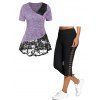 Ensemble d'Eté Décontracté avec T-shirt Asymétrique Contrasté Teinté en Dentelle Transparente et Boutonné et Legging Court - multicolor S