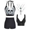 Gothic Bikini Tops Ruched High Waist Swim Bottom And Layered Pendant Chain Necklace Summer Outfit - BLACK S