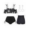 Celestial Sun Moon Print Cinched Tie Swimsuit High Waist Ruched Swim Shorts And Necklace Summer Outfit - BLACK S