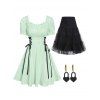 Lace Up Plaid A Line Mini Dress Layered Organza Skirt And Earrings Outfit - multicolor S