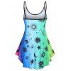 Sun Moon Print Ombre Color Asymmetrical Hem Skirted Tent Cami Top and Plain Color Lace Up Skinny Crop Leggings Casual Summer Outfit - multicolor S