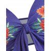 Maillot de Bain Bikini Vintage Gainant à Imprimé Fleuri avec Nœud Papillon en Denim - Bleu XXL
