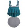 Plus Size Tummy Control Swimsuit Flounce Hem Striped Tankini Swimwear - DEEP GREEN 1X