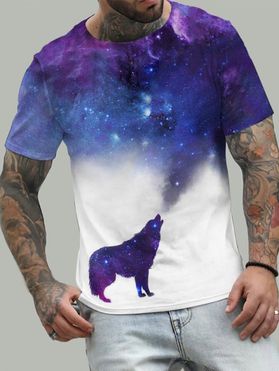 Galaxy Wolf Print Casual T Shirt Short Sleeve Round Neck Summer Tee