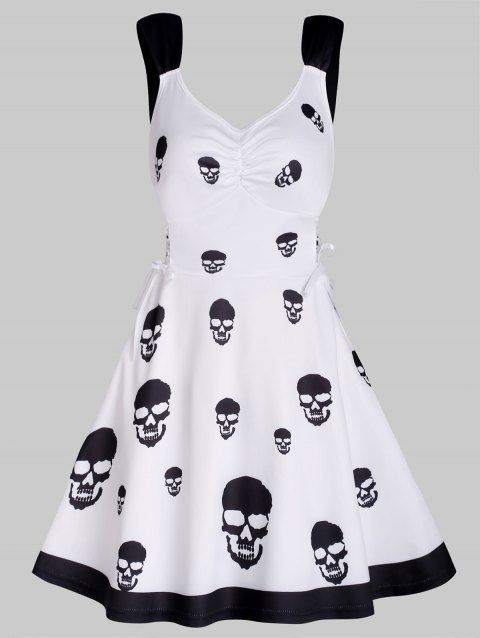 Skull Allover Print Mini Dress Lace Up Contrast Strap Ruched Bust Skater Dress