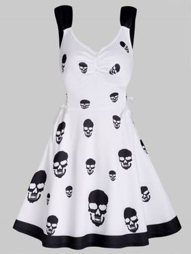 Casual Allover Skull Print Lace Up Skater Ruched Dress