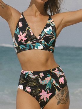 Beach Summer Tummy Control Swimsuit Floral Print Crisscross Lace Up Open Back High Waist Bikini Swimwear