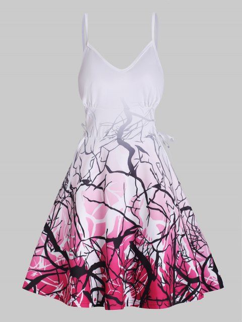 Ombre Branch Print Mini Dress Lace Up V Neck Spaghetti Strap A Line Cami Dress