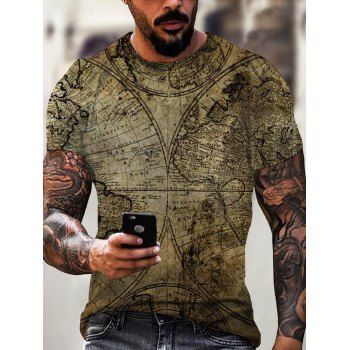 

Allover Map Print Casual T Shirt Short Sleeve Round Neck Summer Tee, Multicolor