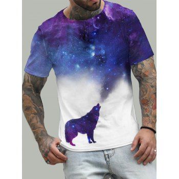 

Galaxy Wolf Print Casual T Shirt Short Sleeve Round Neck Summer Tee, Multicolor