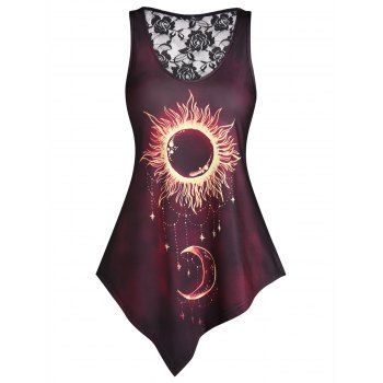 

Asymmetrical Lace Sheer Moon and Sun Tank Top, Black