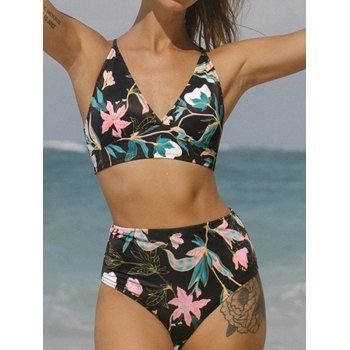 

Beach Summer Tummy Control Swimsuit Floral Print Crisscross Lace Up Open Back High Waist Bikini Swimwear, Black