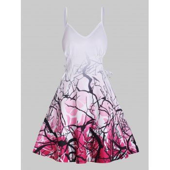 

Ombre Branch Print Mini Dress Lace Up V Neck Spaghetti Strap A Line Cami Dress, White