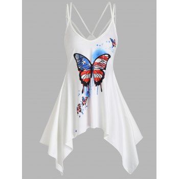 

Asymmetrical Butterfly Cami Sundress American Flag Print Straps Handkerchief Dress, White