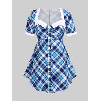 

Plus Size Plaid Colorblock Tee with Buttons, Blue