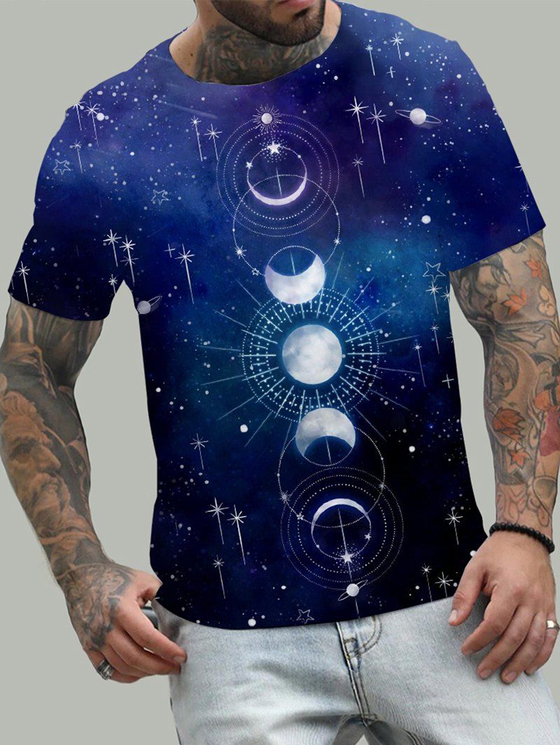 T-shirt D'Eté Décontracté à Imprimé 3D Lune Galaxie Phase à Manches Courtes - multicolor S