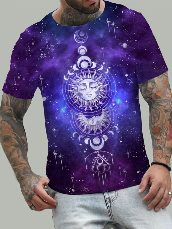 T-shirt Décontracté à Imprimé 3D Etoile Lune et Soleil à Manches Courtes - multicolor M
