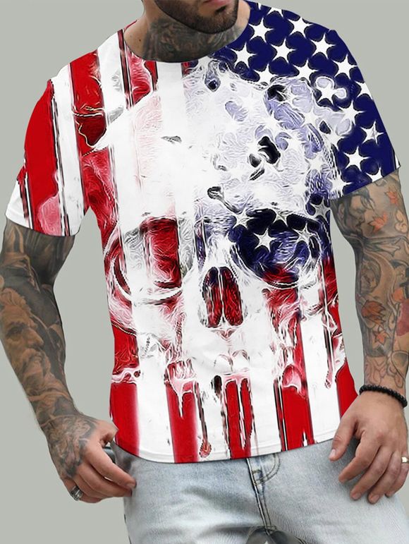 T-shirt D'Eté à Imprimé 3D Drapeau Américain Crâne Manches Courtes à Col Rond - multicolor 3XL
