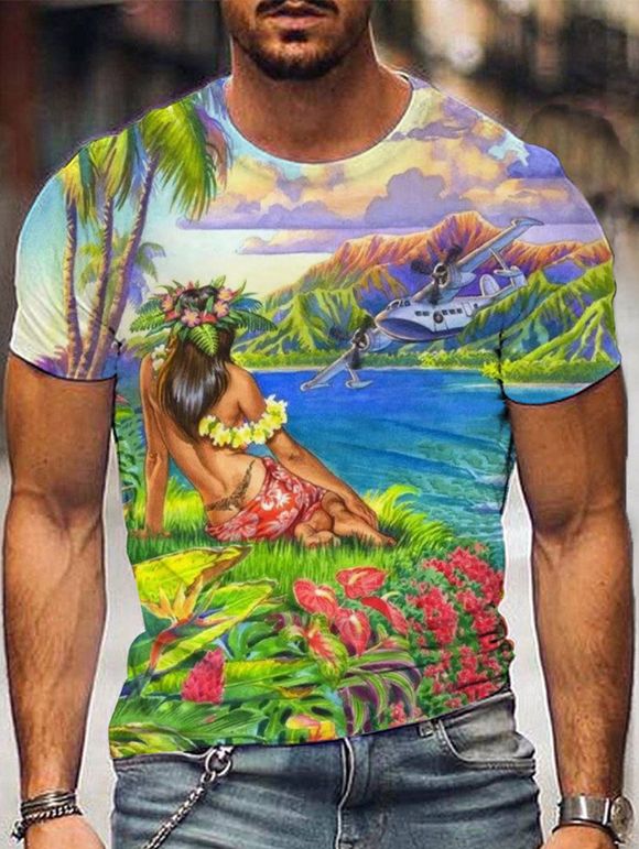 T-shirt D'Eté de Vacances Décontracté à Imprimé 3D Paysage à Manches Courtes - multicolor 3XL