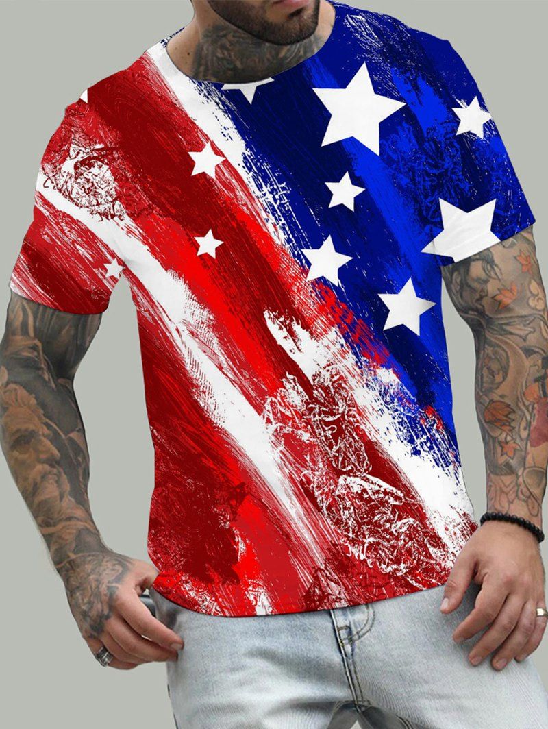 T-shirt D'Eté Décontracté à Imprimé 3D Drapeau Américain Partout Manches Courtes à Col Rond - multicolor 2XL