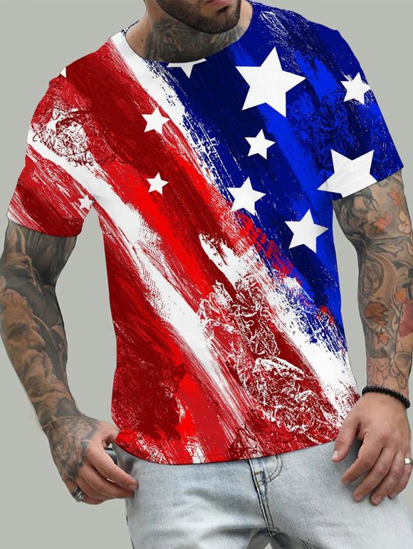 T-shirt D'Eté Décontracté à Imprimé 3D Drapeau Américain Partout Manches Courtes à Col Rond - multicolor 3XL