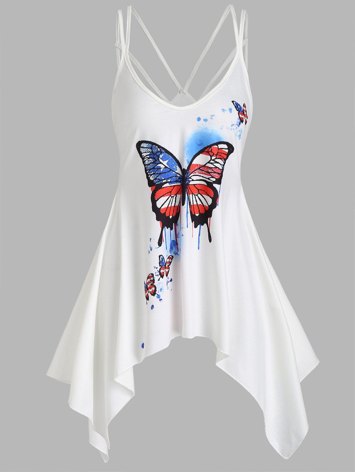 Robe Mouchoir à Bretelle Asymétrique à Imprimé Drapeau Américain et Papillon - Blanc XL