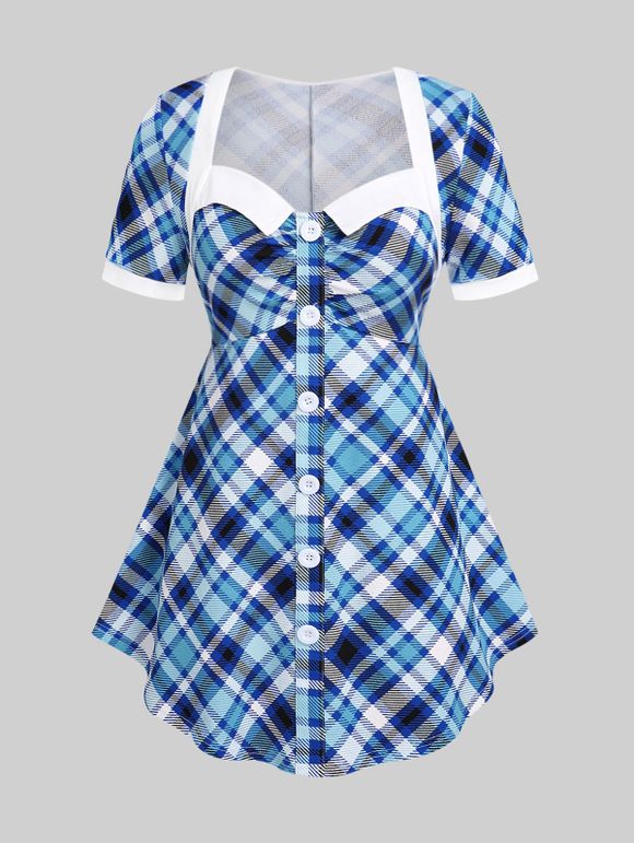 Plus Size Plaid Colorblock Tee with Buttons - BLUE M | US 10