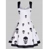 Skull Allover Print Mini Dress Lace Up Contrast Strap Ruched Bust Skater Dress - WHITE M