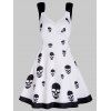 Skull Allover Print Mini Dress Lace Up Contrast Strap Ruched Bust Skater Dress - WHITE M