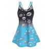 Mini-Robe Trapèze avec Empiècements en Dentelle Motif Roses et Pois en Ligne A - Bleu M