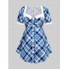 Plus Size Plaid Colorblock Tee with Buttons - BLUE M | US 10