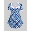 T-shirt à Carreaux en Blocs de Couleurs de Grande Taille avec Boutons - Bleu 3X | US 22-24