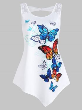 Plus Size Summer Tank Top Floral Lace Insert Ladder Cut Out Butterfly Print Asymmetrical Hem Top