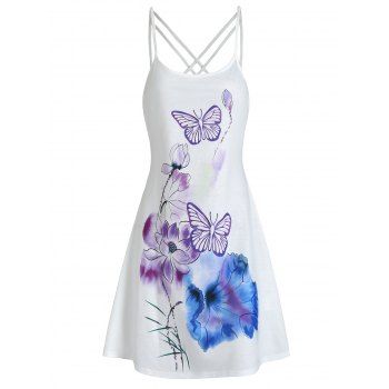 

Casual Butterfly Cami Sundress Flower Print Crisscross Lattice Mini A Line Dress, White