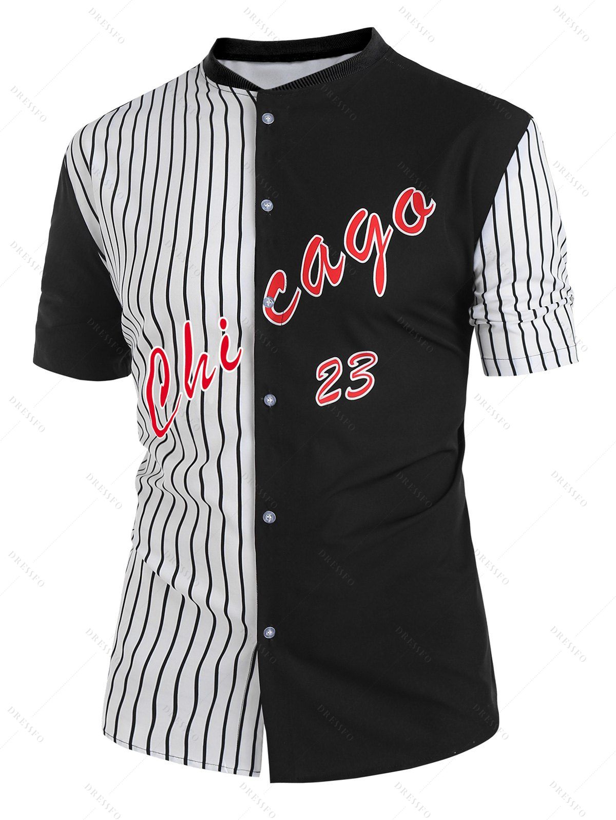 Chicago Two Tone Stripe Half And Half Print Shirt Ribbed Stand Collar Short Sleeve Contrast Shirt - BLACK 2XL