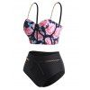 Vintage Flower Underwire Swimsuit High Rise Chain Straps Tankini Swimwear Set - BLACK M