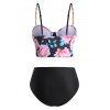 Vintage Flower Underwire Swimsuit High Rise Chain Straps Tankini Swimwear Set - BLACK M