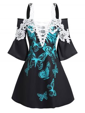Cold Shoulder Mini Dress Butterfly Print Lattice A Line Dress Flower Crochet Lace Applique Flare Sleeve Gothic Dress