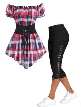 Plus Size Plus Size Off The Shoulder Corset Waist Plaid Top And Cropped Leggings Outfit