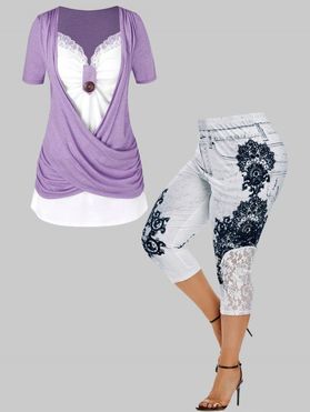 Plus Size Crossover Lace Panel Twofer T Shirt and Flower Print Mesh Faux Denim Capri Jeggings Summer Casual Outfit