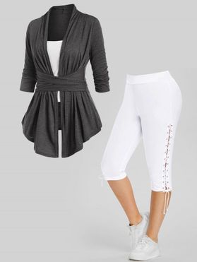 Plus Size Shawl Collar Wrap T-shirt with Camisole And Lace Up Eyelet Capri Leggings Outfit