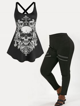 Plus Size Skull Flower Print Cross Tank Top And Zip Studded High Rise Leggings Outfit