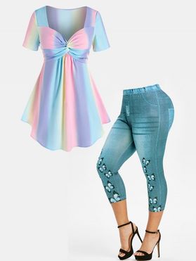 Plus Size Ombre Rainbow Pastel Twisted Front Skirted T-shirt And Butterfly 3D Print Capri Jeggings Outfit