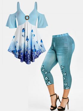 Plus Size Floral Print O Ring Cold Shoulder Empire Waist T Shirt and Butterfly 3D Print Capri Jeggings Summer Casual Outfit