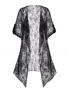 Sheer Floral Lace Kimono Asymmetrical Hem Roll up Cuff Summer Trendy Top