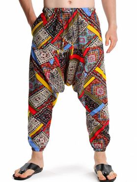 Ethnic African Print Harem Pants Bohemian Elastic Waist Beam Feet Pockets Pants